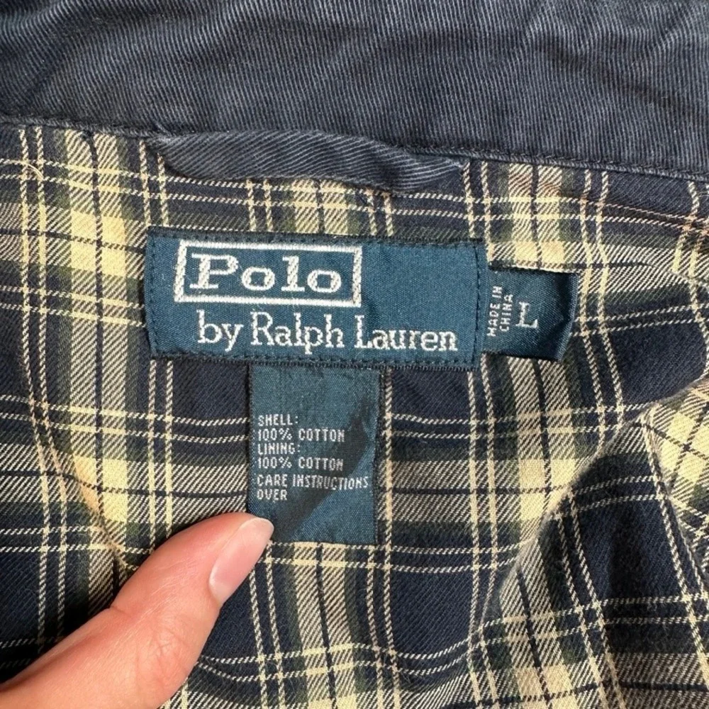 Polo Ralph Lauren Mens Harrington Jacket Navy Blue Plaid Lined Large Cotton Zip